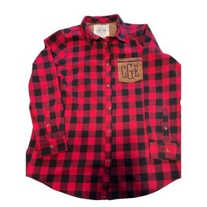 MarleyLilly Red Black Buffalo Plaid‎ Flannel Shirt Monogram GGE Brown Pocket XL